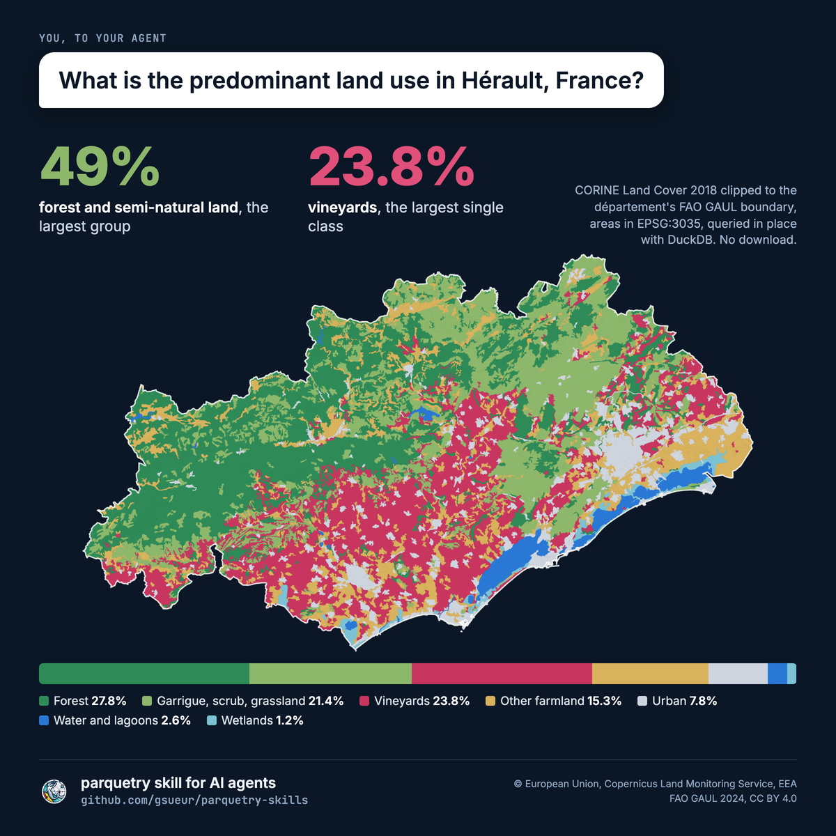 Land cover map of Hérault: forest and garrigue in the hills, vineyards on the plain, lagoons on the coast. Answer card: 49% forest and semi-natural land, 23.8% vineyards.